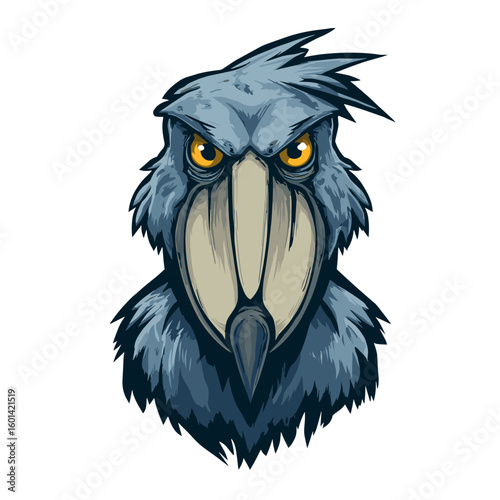 Detailed illustration of a fierce-looking bird with striking yellow eyes and an elaborate beak against a solid background