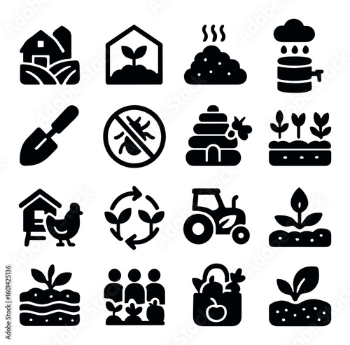 Agriculture silhouette icons set: farm, greenhouse, compost, irrigation, trowel, pest control, beekeeping