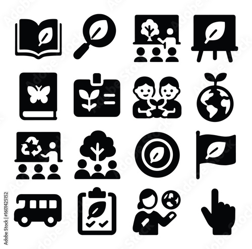 Silhouette environmental education icon set. includes book, globe, bus, leaf, recycle, tree, magnifying glass
