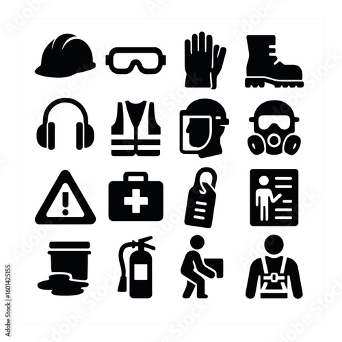 Safety equipment silhouette icon set. includes helmet, goggles, gloves, boots, headphones, vest, mask, and more.