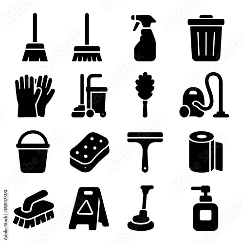 Cleaning silhouette icon set. containing broom, mop, spray bottle, trash can, gloves, vacuum, bucket, sponge, more.