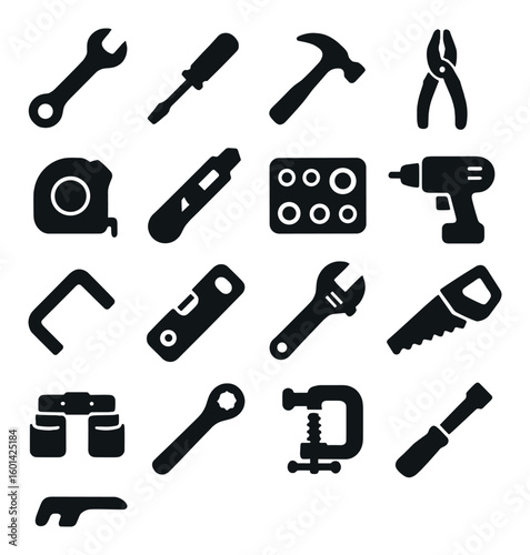 Tools silhouette icon set. containing wrench, screwdriver, hammer, pliers, saw, drill, tape measure, cutter, and more.