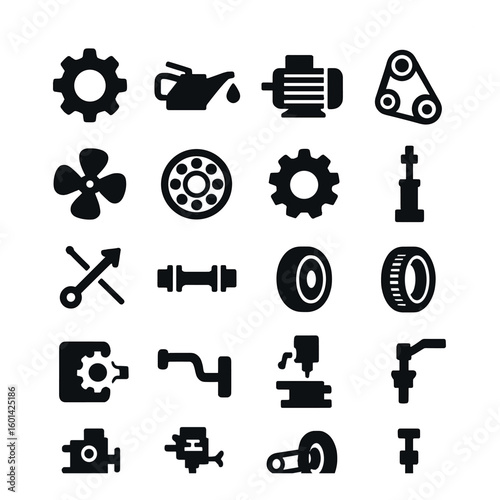 Industrial silhouette icon set: gear, motor, valve, wheel, fan, oil, bearing, pump, pipe, coupling