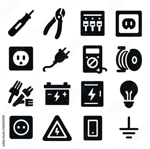 Electrical silhouette icon set. containing plug, socket, switch, screwdriver, pliers, battery, and more.