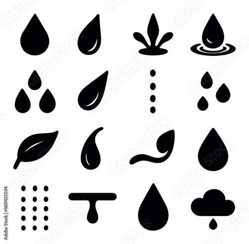 Water silhouette icon set. containing drop, splash, rain, leaf, dew, and cloud silhouettes.
