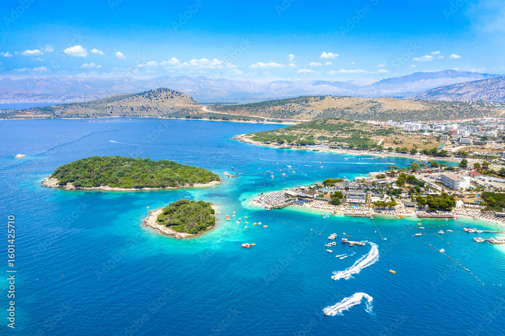 Naklejka premium View of Bora Bora beach in Ksamil, Albanian Riviera. Ksamil islands are located near the Saranda, Albania.