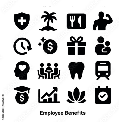 Employee benefits silhouette icon set. includes health, vacation, meal, fitness, pension, gift, meeting and more.