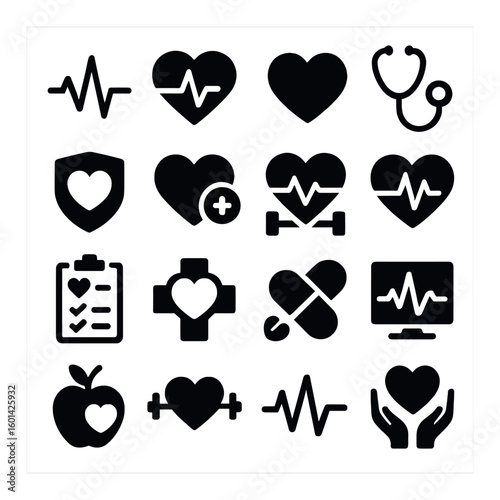 Health silhouette icon set: heartbeat, stethoscope, healthcare, medical, fitness, apple, hands, pill, cross
