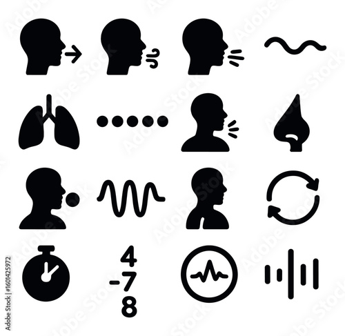 Breathing silhouette icon set: inhale, exhale, lungs, nose, waves, stopwatch, cycle, sound