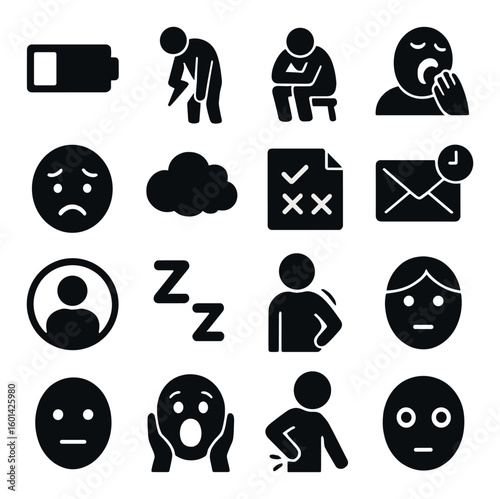 Emotion silhouette icon set. featuring tired, stressed, sleepy, anxious, sad, confused, and surprised.