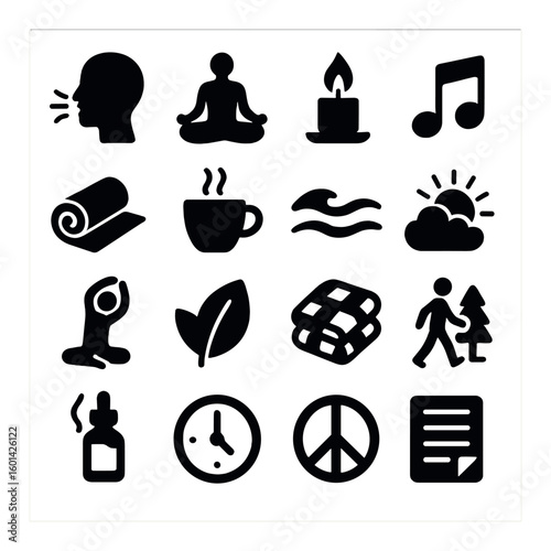 Wellness silhouette icon set. featuring meditation, candle, music, yoga, nature, peace, and more.