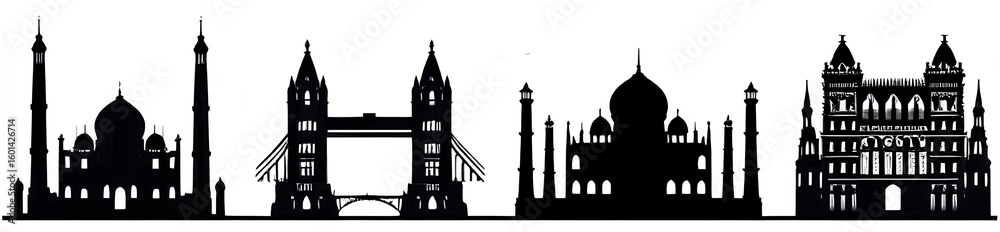 Naklejka premium Global landmarks: classic monument silhouettes stand starkly, isolated against white