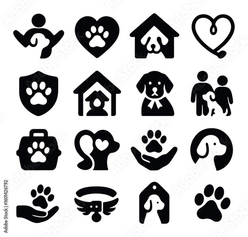 Pet silhouette icon set. featuring paw, heart, home, shield, dog, adoption, carrier, and more.