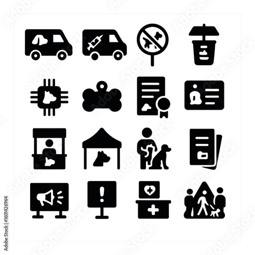 Pet care silhouette icon set. includes veterinary, grooming, adoption, transport, training, and more.