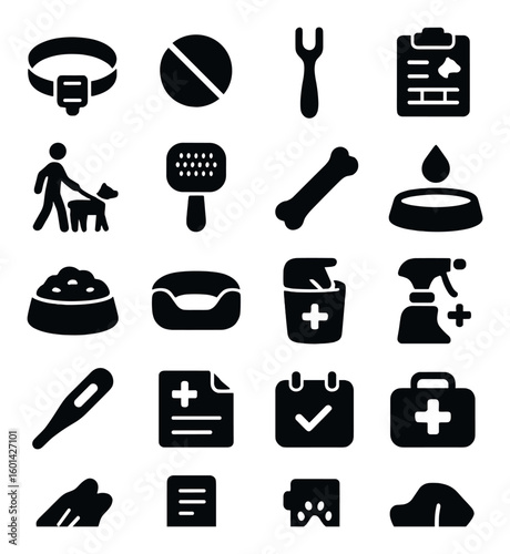Pet care silhouette icon set. containing collar, brush, bone, food bowl, dog walking, grooming, thermometer