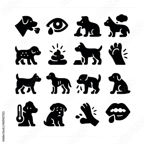 Pet care silhouette icon set. featuring dog, cat, vet, bath, toys, paw, bone, grooming, food, sleep, and more.