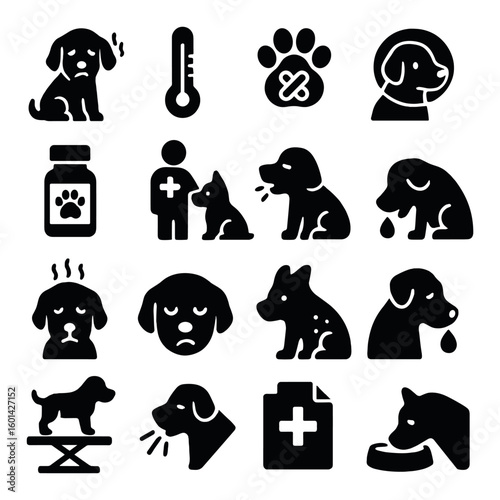 Veterinary silhouette icon set. containing dog, thermometer, paw print, medicine, vet, health, and more.