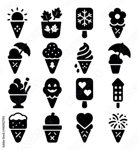 Dessert silhouette icon set. featuring ice cream, popsicle, cupcake, sundae, and more.