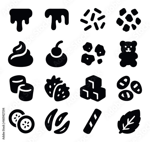 Dessert silhouette icon set. including honey, sprinkles, marshmallows, candy, icing, bear, sugar, chocolate, and more.