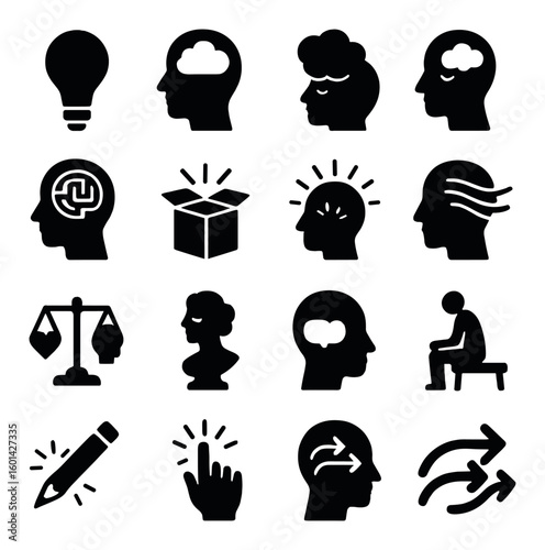 Mental health silhouette icons set. containing brainstorm, meditation, decision-making, focus, and balance icons