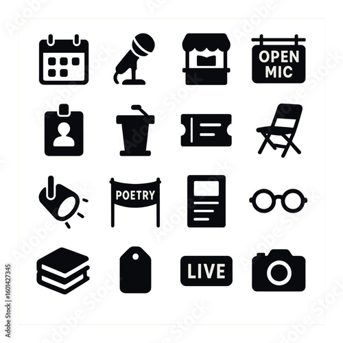 Event silhouette icon set. containing calendar, microphone, stage, open mic, ticket, poetry, and more.