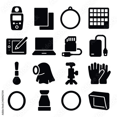Photography silhouette icon set. including camera, film, lens, tripod, gloves, scanner, tablet, card.