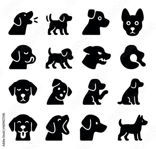 Dog silhouette icon set. containing barking, wagging, head, puppy, barking, sniffing, sitting and more.