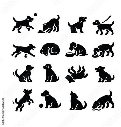 Dog silhouette icon set. featuring play, fetch, walk, sit, eat, sleep, lay, bark, wag, and more.