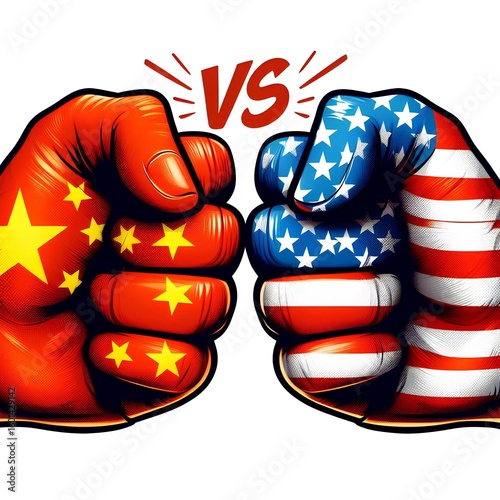 Economic and military: China and America clash, depicted by flagged hand punches