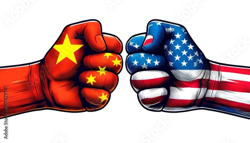 China vs. America: hand punches with flags, illustrating rising global tensions