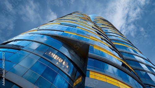 Tall Curved Glass Building with Blue and Yellow Accents — Modern Architectural Design Against Clear Sky