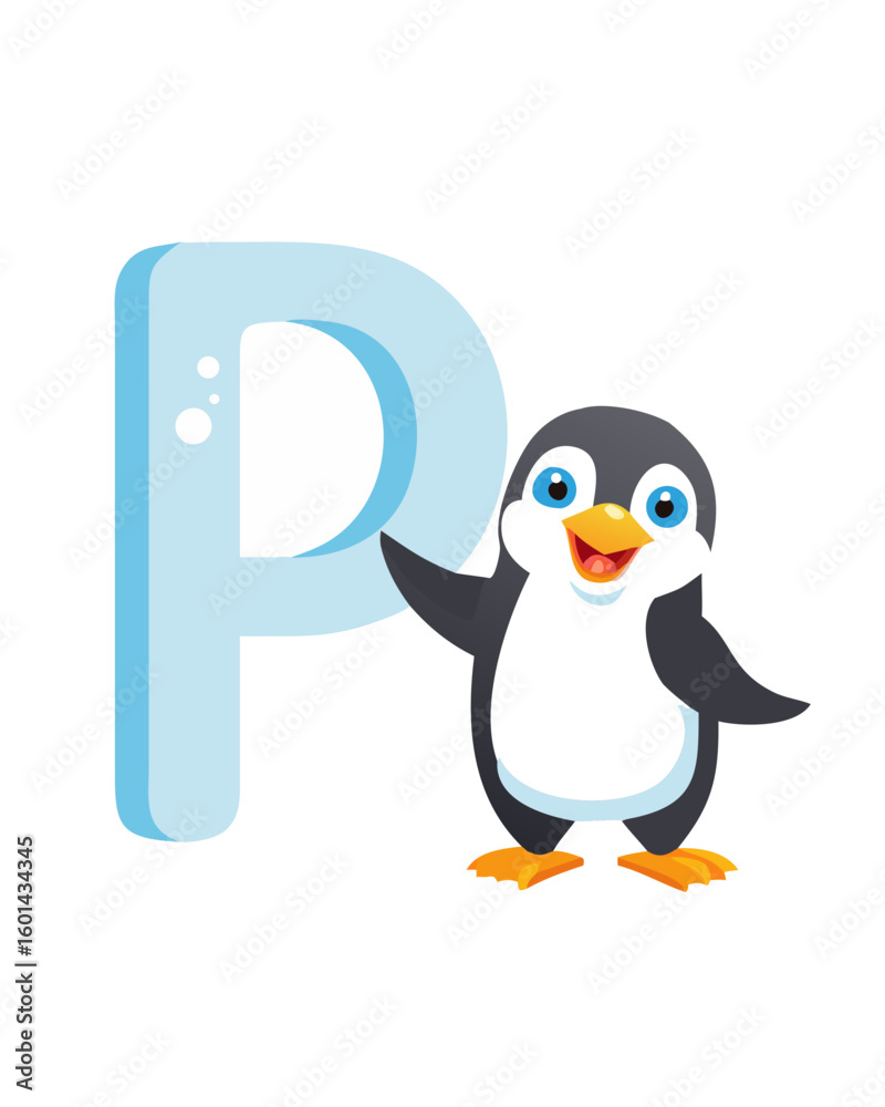 Fototapeta premium Vector letter P with a cute penguin – alphabet animal card 