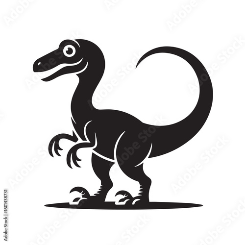 A cartoonish raptor dinosaur standing alert isolated on white background