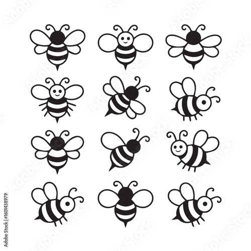 A collection of adorable cartoon bees buzzing around isolated on white background