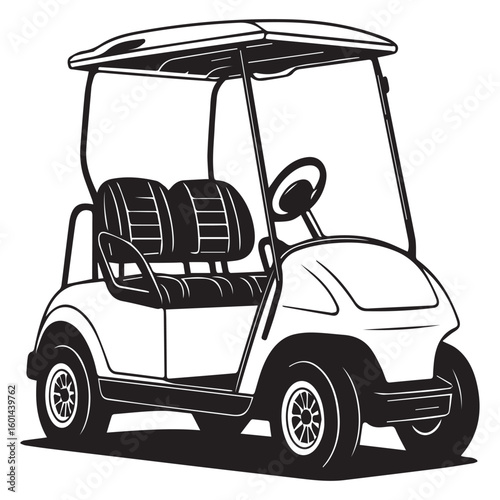 A detailed black and white illustration of a golf cart isolated on white background