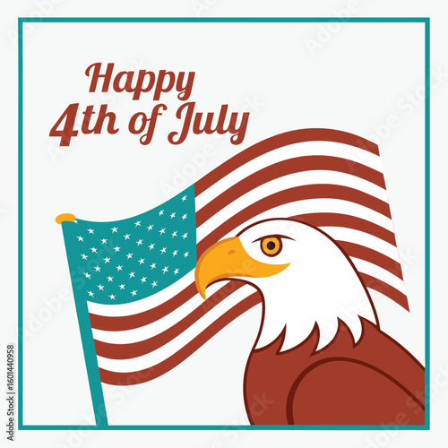 Bald eagle portrait before patriotic flag symbolizes fourth of July celebration with border