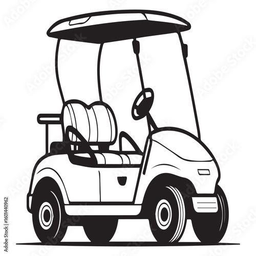 A simple black and white illustration of a golf cart isolated on white background