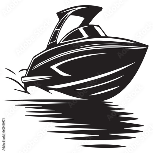 A sleek speedboat gliding across the water