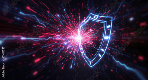 abstract representation of malware attack being blocked by firewall, glowing data pulses crashing into shield, red and blue lighting