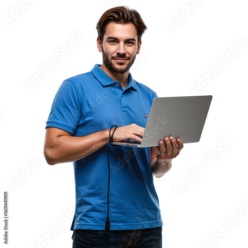 Professional IT technician in a blue polo shirt working on a laptop with cables on a clean white background