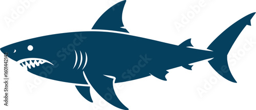 A stylized navy blue shark illustration showcases sharp teeth and a powerful silhouette, perfect for marine life enthusiasts and graphic design projects needing a bold aquatic element.