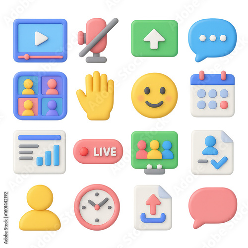 Communication flat icon set. includes video, mute, upload, chat, meeting, emoji, calendar, stats, live, and more.