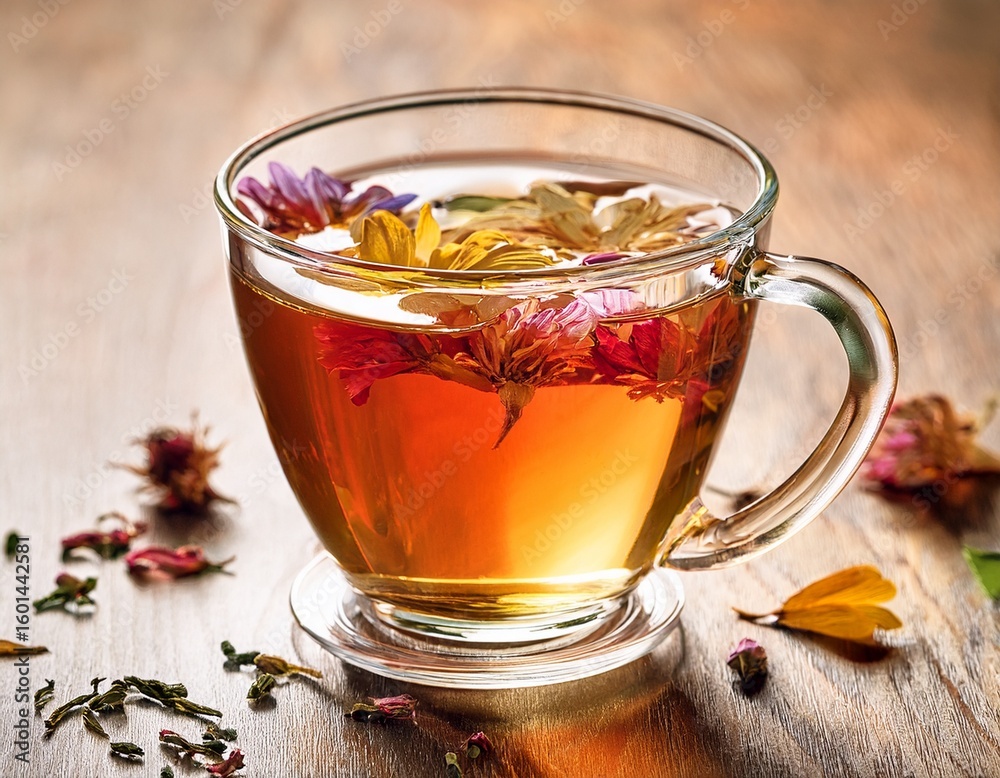 a clear glass cup of herbal tea with flower petals a clear glass cup of herbal tea with flower petals