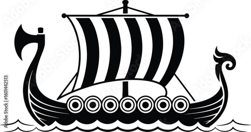 A striking black and white illustration showcases a Viking longship with striped sails, an axe detail, and stylized waves, evoking Norse history and maritime adventure.