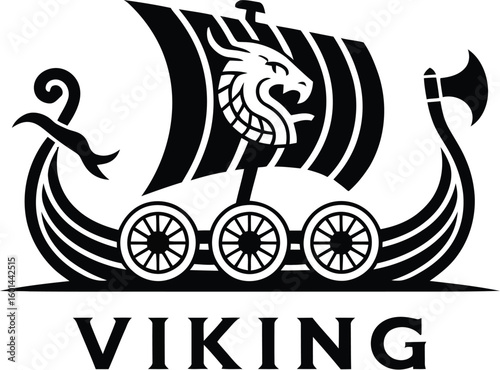 A striking black and white illustration showcases a Viking ship with a dragon head on its sail, embodying Norse seafaring heritage and ancient maritime exploration.