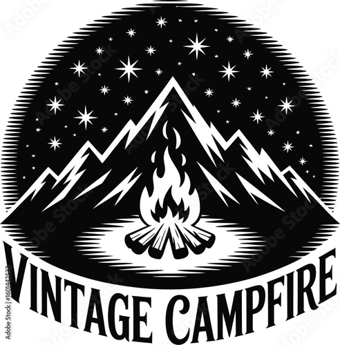 Vintage campfire design showcases mountains, stars, and a blazing fire, perfect for outdoor adventure themes, camping graphics, or rustic logo designs with a nostalgic feel.