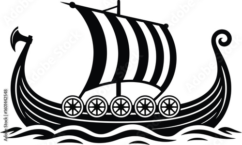 A striking black and white graphic depicts a Viking longship sailing on stylized waves, showcasing its iconic striped sail, shields, and axe, evoking Norse seafaring history.