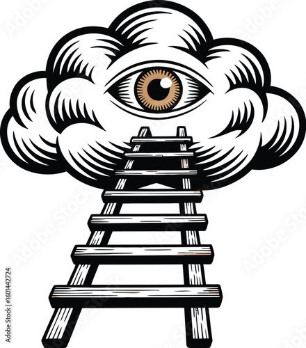 A symbolic illustration showcases a wooden ladder leading up to a cloud with an eye, representing vision, dreams, and aspirations in a conceptual and stylized design.