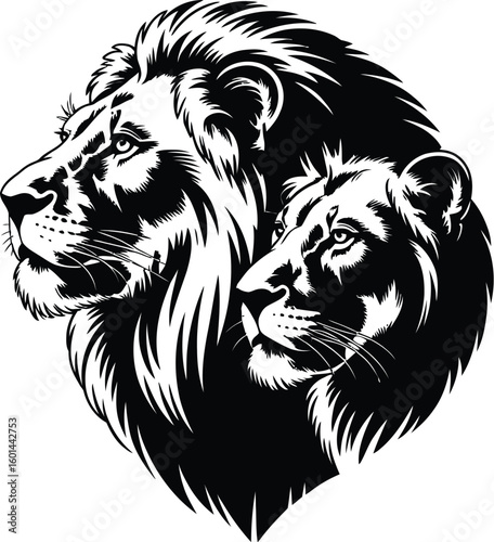Majestic lion and lioness portrait showcases a striking black and white vector illustration, ideal for wildlife enthusiasts and graphic design projects with a touch of wild elegance.