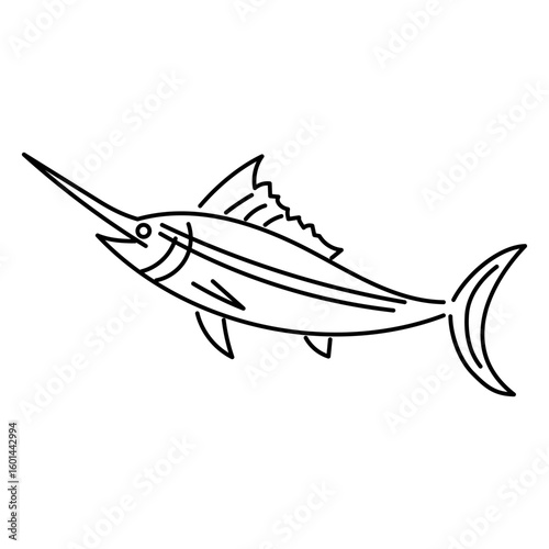 Vector illustration of a marlin fish in linear style, suitable for logos and icons.
